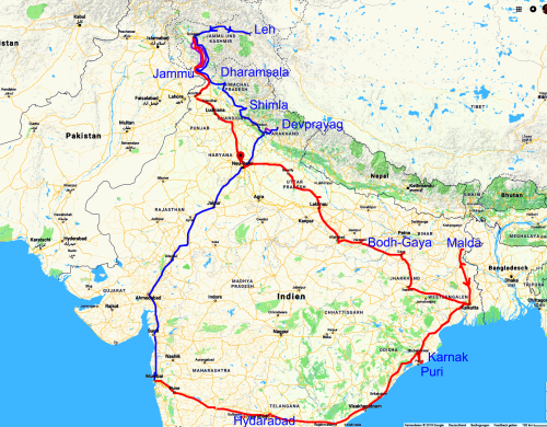 Reiseroute zum eBook Pilgerreise durch Indien von Bernd Prokop