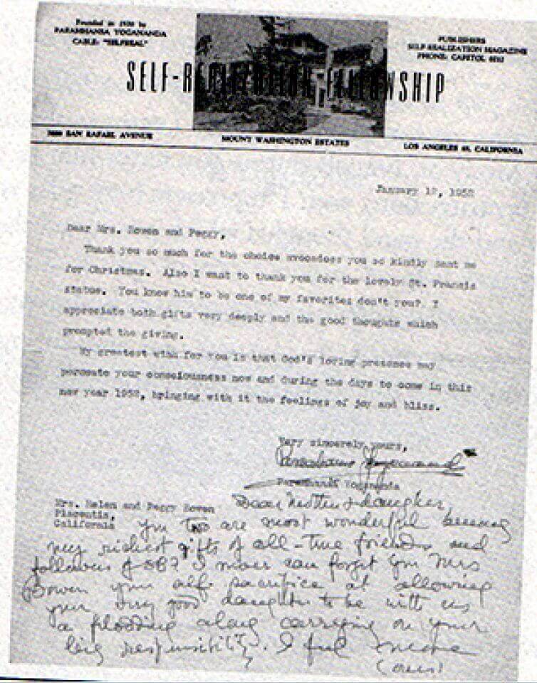 Bief vom 12. Januar 1952 von Yognanda an Frau Bowen